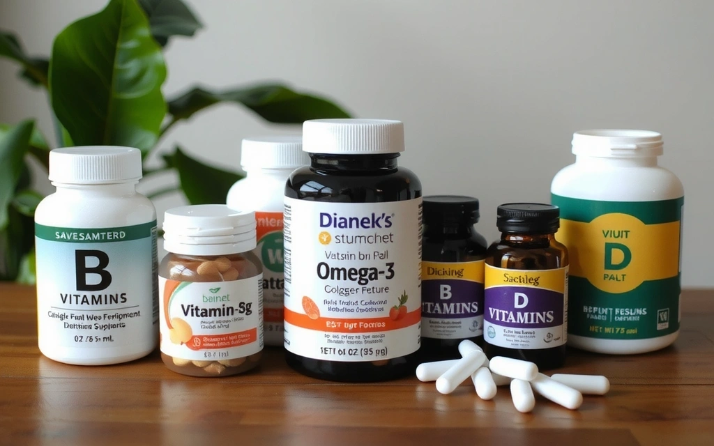 A selection of health supplements like B vitamins, Omega-3, and Vitamin D on a wooden table, suggesting wellness and nutritional support. Soft focus background. No text.