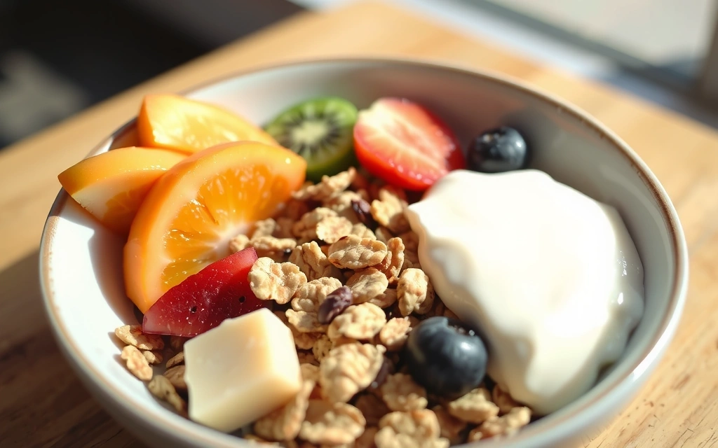 A vibrant breakfast bowl with fresh fruits, granola, and yogurt, symbolizing healthy eating and a good start to the day. Bright, natural light. No text.