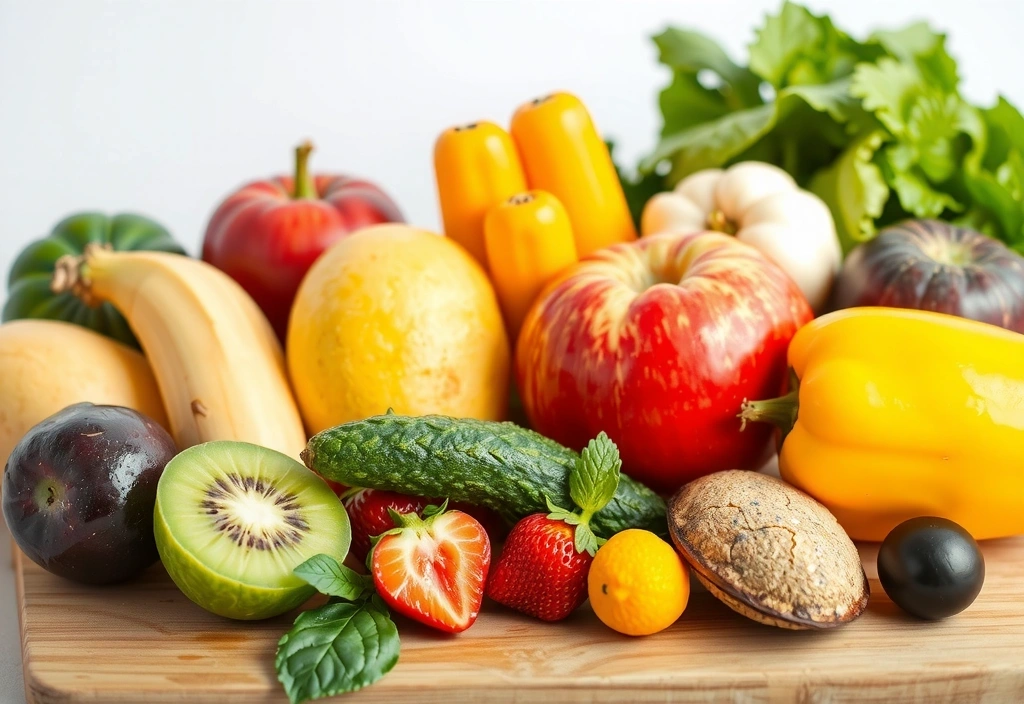 A selection of colorful fresh fruits and vegetables on a cutting board, representing healthy eating and nutrition. Vibrant, natural colors. No text.