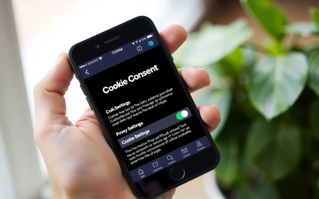A person's hand holding a smartphone displaying cookie consent options, with privacy settings on the screen.