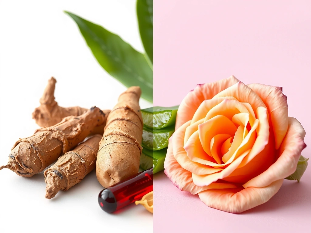 Vibrant natural ingredients for men's supplements and women's skincare, split composition